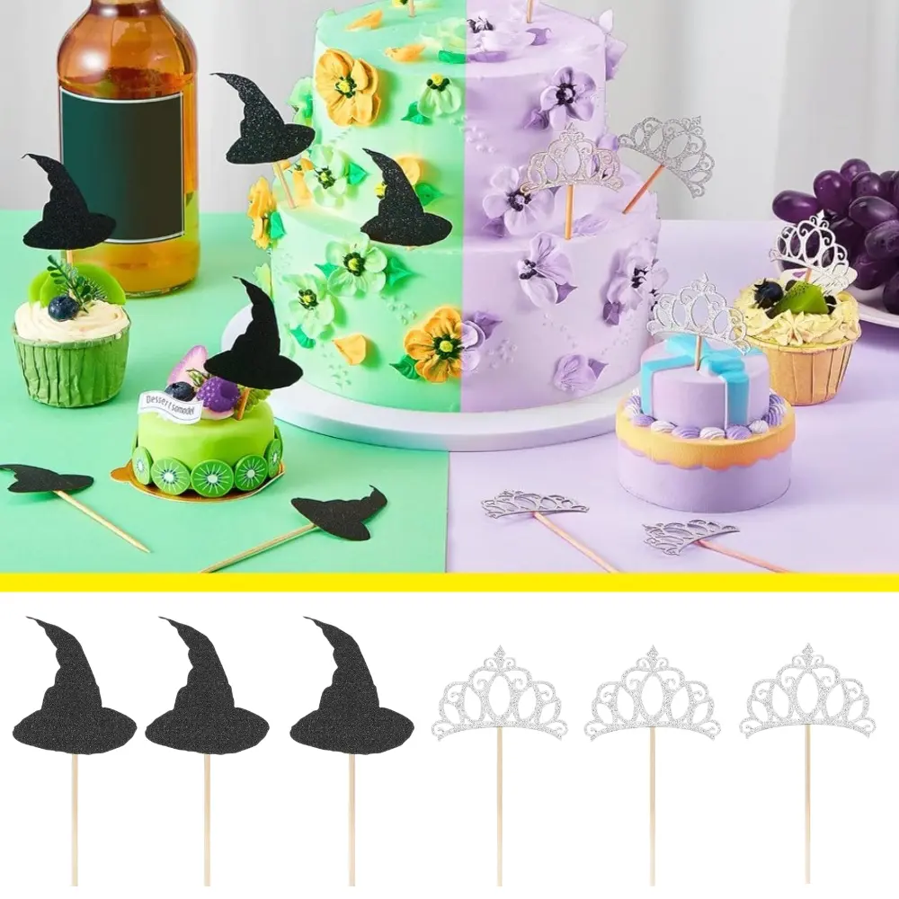 24pcs Witch Cake Toppers Set - Shimmer Finish Silvery Crown Ornaments, Secure Black Witches' Hats, for Halloween Fantasy Party Cake Decorations, 24Pcs Set