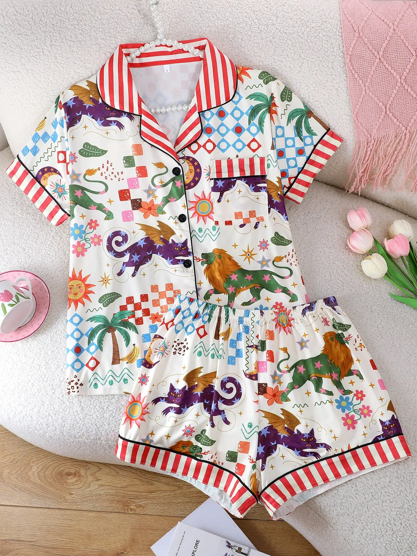 Women's 2-Piece Print Pajama Set, Casual Short Sleeve Open Front Top & Elastic Shorts, Lion Animal Pattern, Comfortable Home Wear, Fit, All Seasons, Loungewear Pajamas