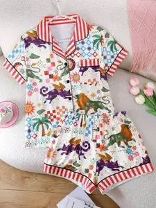 Women's 2-Piece Pajama Set, Casual Short Sleeve Open Front Top & Elastic Shorts, Lion Animal Pattern, Comfortable Home Wear, Fit, All Seasons, Loungewear