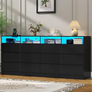 12 Drawer Black Dresser with Charging Station & Led Lights,Modern Wide Dresser, Large Dressers Organizer with 4 Open Cubbies