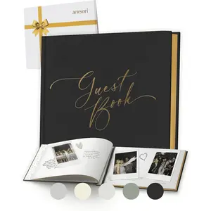Black Wedding Guest Book - Gold-Foiled Blank Guest Book for Wedding Reception, Funeral and Baby Shower Sign in - Linen Photo & Polaroid Guest Book, Elegant Guestbook