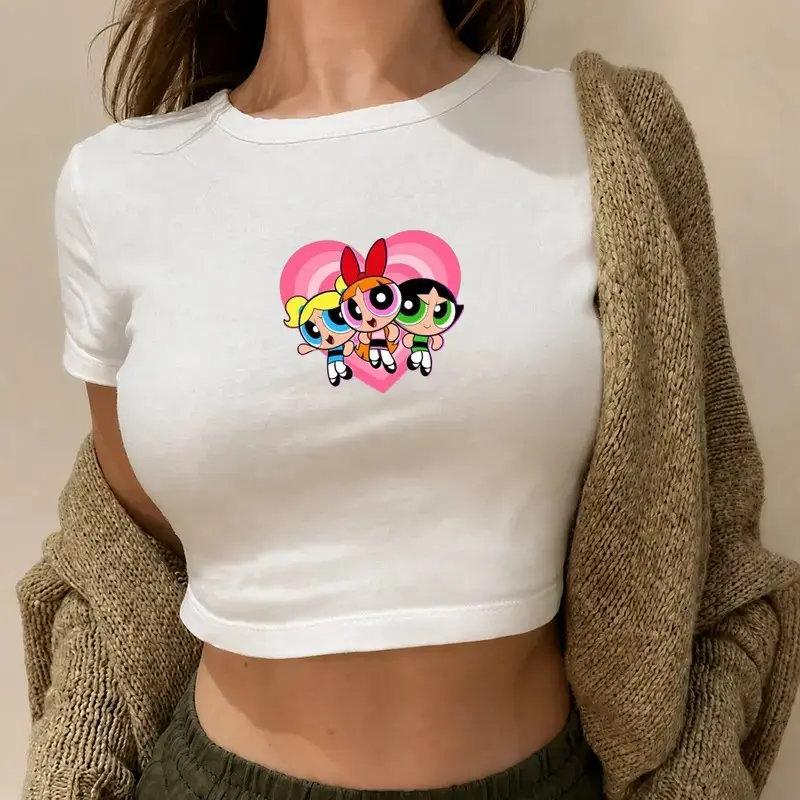 Y2K Powerpuff Girls Graphic Baby Tee Blossom Bubbles Buttercup Cartoon Cute White Crop Top Premium Ribbed Cotton Slim Fit Aesthetic Streetwear Nostalgia 90s Gift