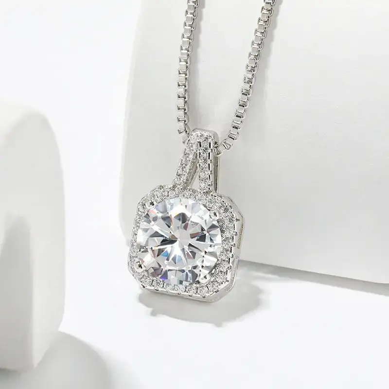Women's Long Sparkling Halo Round Cubic Zirconia Necklace - Crystal, Diamond Encrusted, Halo Cluster, High Detail Box Chain Pendant, Lightweight Daily Jewelry Gift for Wife Anniversary #tiktokshopspringglowup, Crystal Necklaces, Box Necklace Necklaces