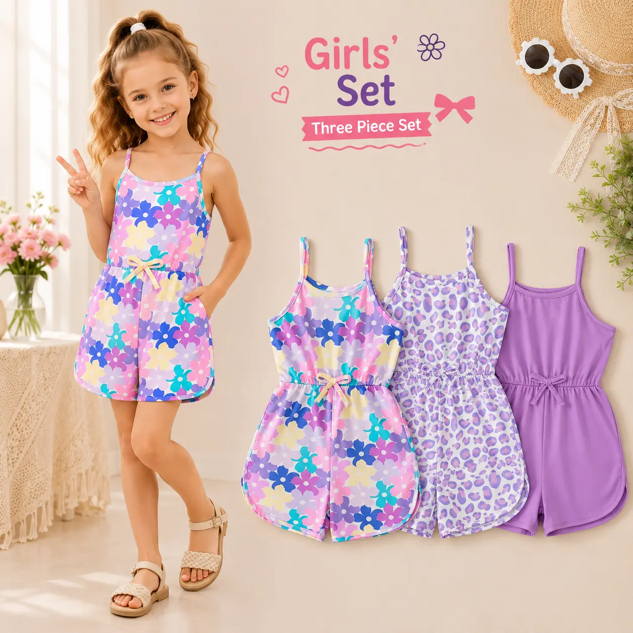 Girls 3pcs Sleeveless Cami Romper Set, Floral Print and Leopard Print One Piece Jumpsuits with Solid Color Styles, Summer Casual Beach Vacation Outfit