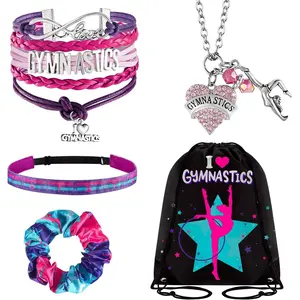 Dunzy 5 Pcs Gymnastics Gifts for Girls Kids Gymnastics Stuff Drawstring Bag Headband Girls Bracelet Necklace Scrunchies Gymnast Party Favors for Youth Boys Kids