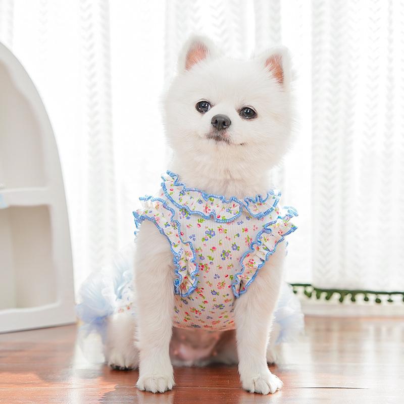 Pet Clothes Dog Cat Princess Mesh Dress Floral print Lace sleeveless Cute Breathable With Leash Ring D00048