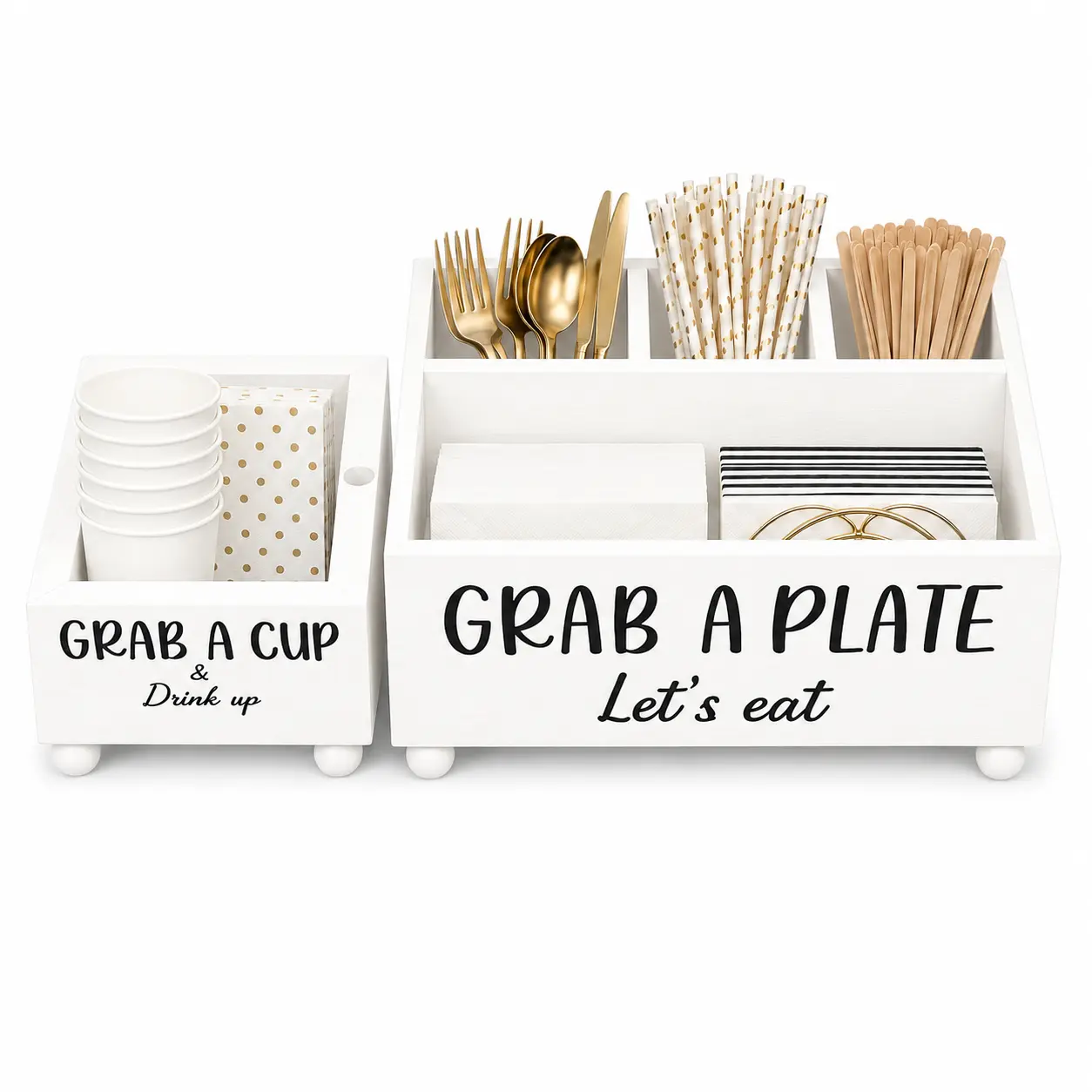 2 Wooden Party Buffet Caddy Set - Disposable Paper Plate Dispenser, Cup Holder with Compartments for Napkins, Forks, Knives, Spoons, Home Organizer for Camping, Picnics, Decorative