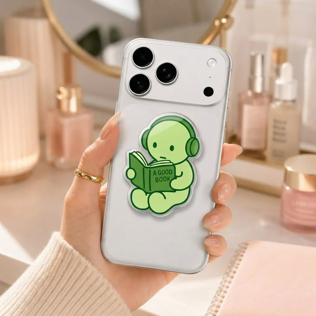 Cute Green Book Reader Phone Grip, Kawaii Acrylic Phone Holder Stand, Expandable Phone Grip for iPhone, Samsung & Android