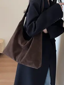 Women's Solid Color Suede Tote Bag, Fashionable Large Capacity Shoulder Bag for Work, Casual, Travel & Outdoors, Stylish Everyday Commuter Bag