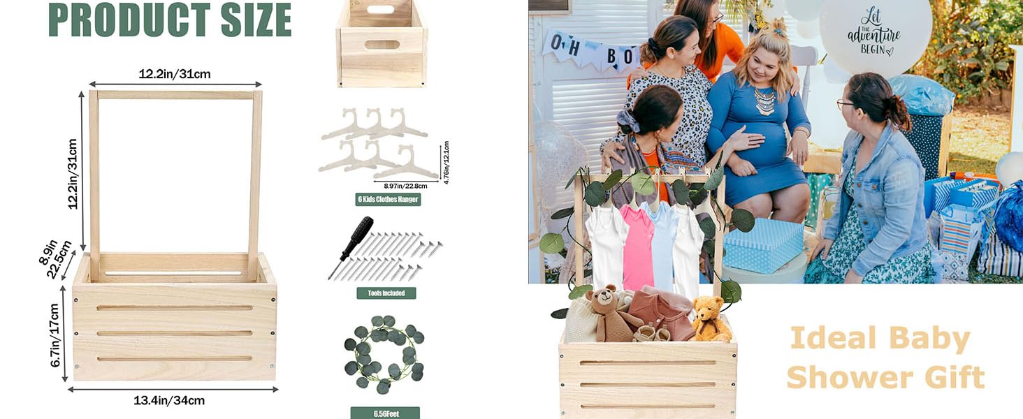 Wooden Baby Shower Crate Closet, Newborn Gift Basket with Handle and Hanger Garland, Gender Reveal Storage Box, Personalized Baby Gift for Pregnant New Parents NO.LPL Wood-S