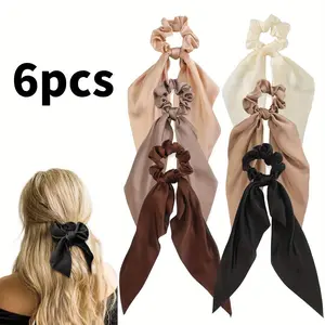 6 Piece Bow Silk Scrunchies Satin Hair Ribbon Elastic Hair Tie Solid Color Ponytail Headband Fashion Accessories