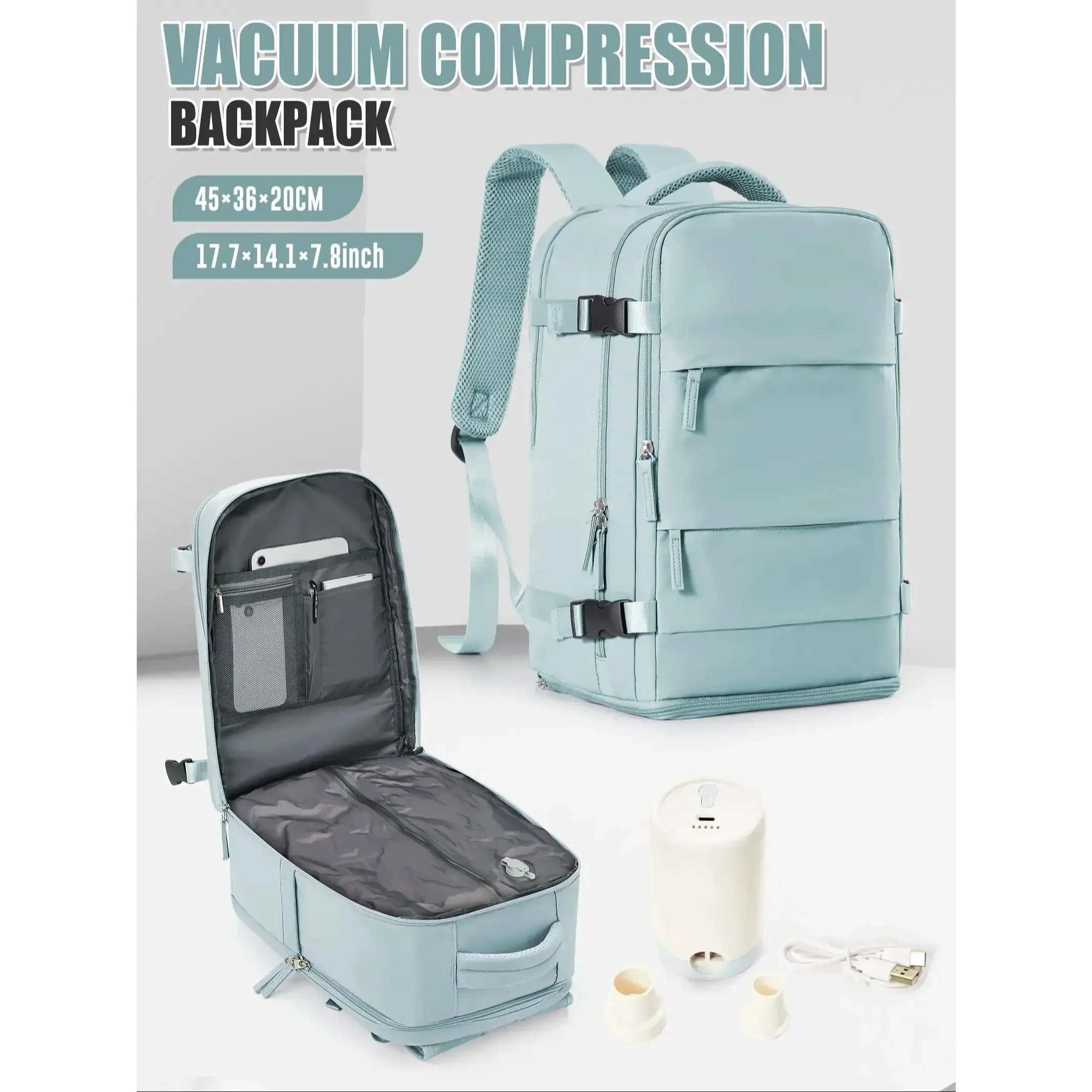 Three-piece vacuum travel bag set, equipped with detachable vacuum bag, electric air pump, large-capacity backpack, detachable design, multi-layer pockets, casual style, Travel Backpacks