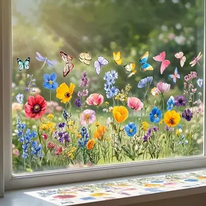 Flower Window Clings Colorful Wildflower Floral Bouquet Decals with Butterflies and Dragonflies Lily Peony Poppy Grass Stickers for Bedroom Living Room Office Home Decoration