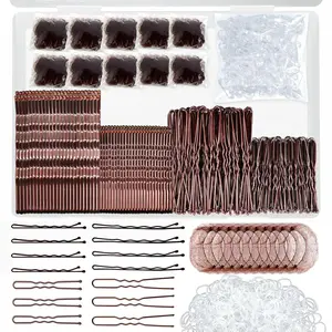 510 PCS Brown Bobby Pins Hair Pins Kit with Hair Net, Includes 100 Bobby Pins for Women, 100 U-Shaped Buns Hair Clips, 300 Hair Bands and 10 Brown Hair Nets