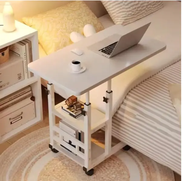 Mobile Computer Desk with Storage Shelves, Adjustable Height Rolling Laptop Table for Living Room & Small Space Home Office