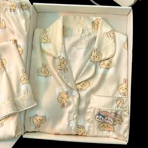 Chiikawa Ice Silk Pajamas Set for Women Long Sleeve Long Pants Loungewear Spring Autumn Soft Breathable Sleepwear for Students