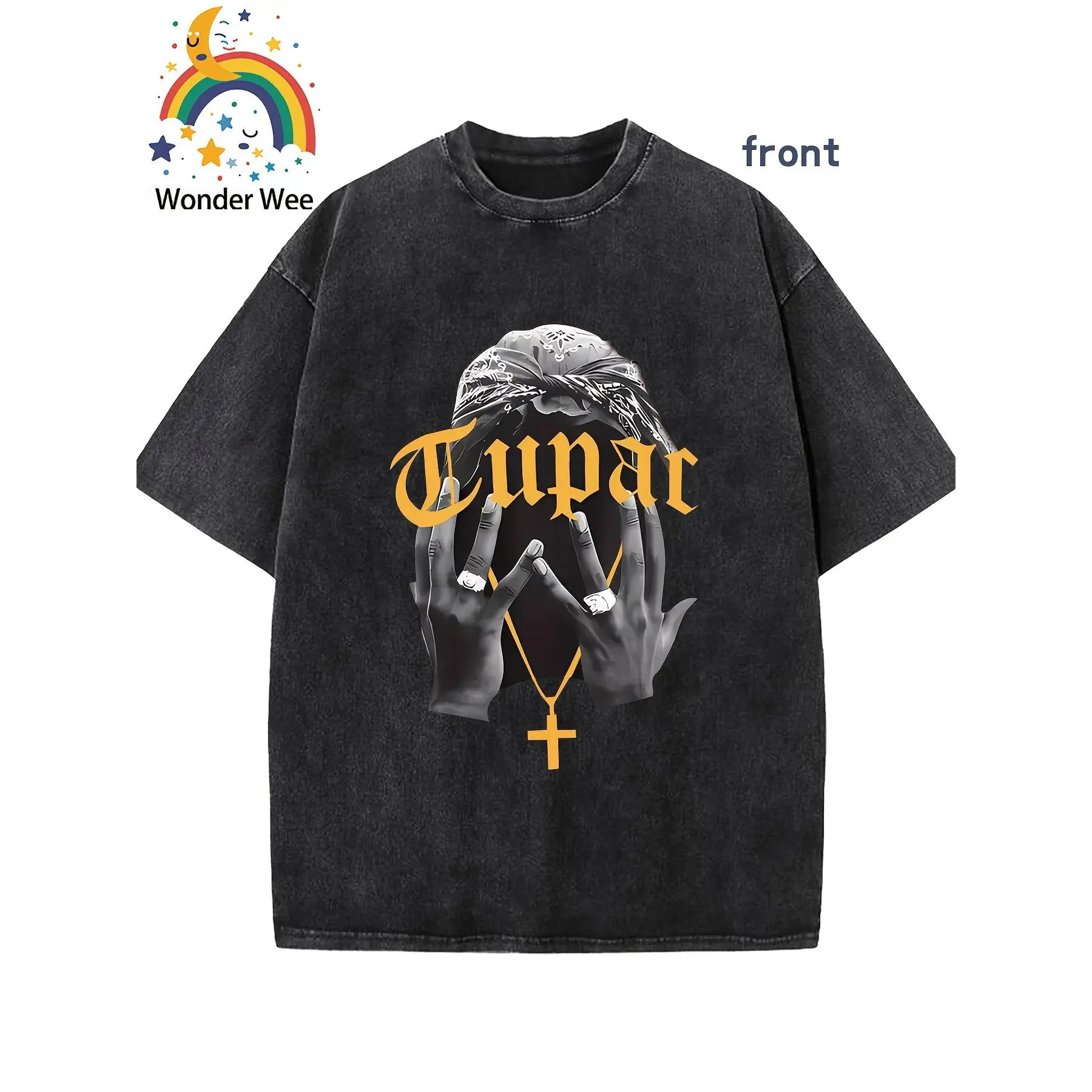 Wonder Wee Vintage-Inspired Cotton Tee for Men - Comfy & Breathable, Short Sleeve, Round Neck with Tupac "Cupar" Graphic, Casual Streetwear in Brown
