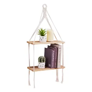 2 Tier Boho Macrame Wall Hanging Shelves Wood Rustic Hanging Plant Shelf Wooden Floating Shelves for Living Room Bedroom Nursery