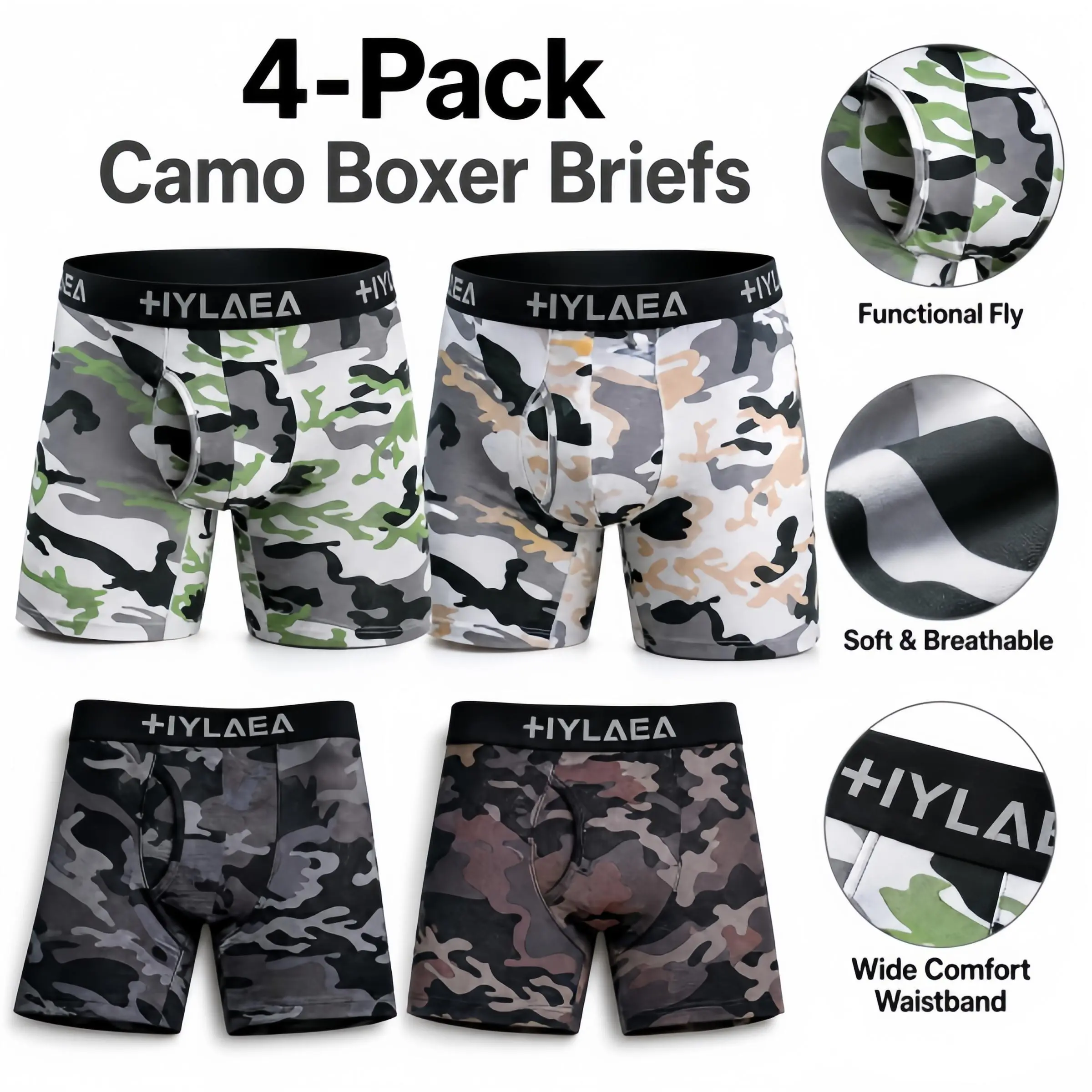 Men's Camo Long Leg Boxer Briefs, Soft Bamboo Rayon Sports Underwear with 3D Pouch, 5-Inch Anti-Chafe Leg & Non-Roll Waistband, 2/4-Pack, Fabric, Long Leg Trunks