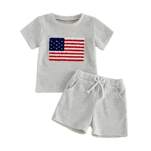 Kids Toddler Baby Boys 4th of July Outfits Set Flag Embroidery Waffle Short Sleeves T-Shirt Tops and Shorts Set for 2 Piece Clothes Set