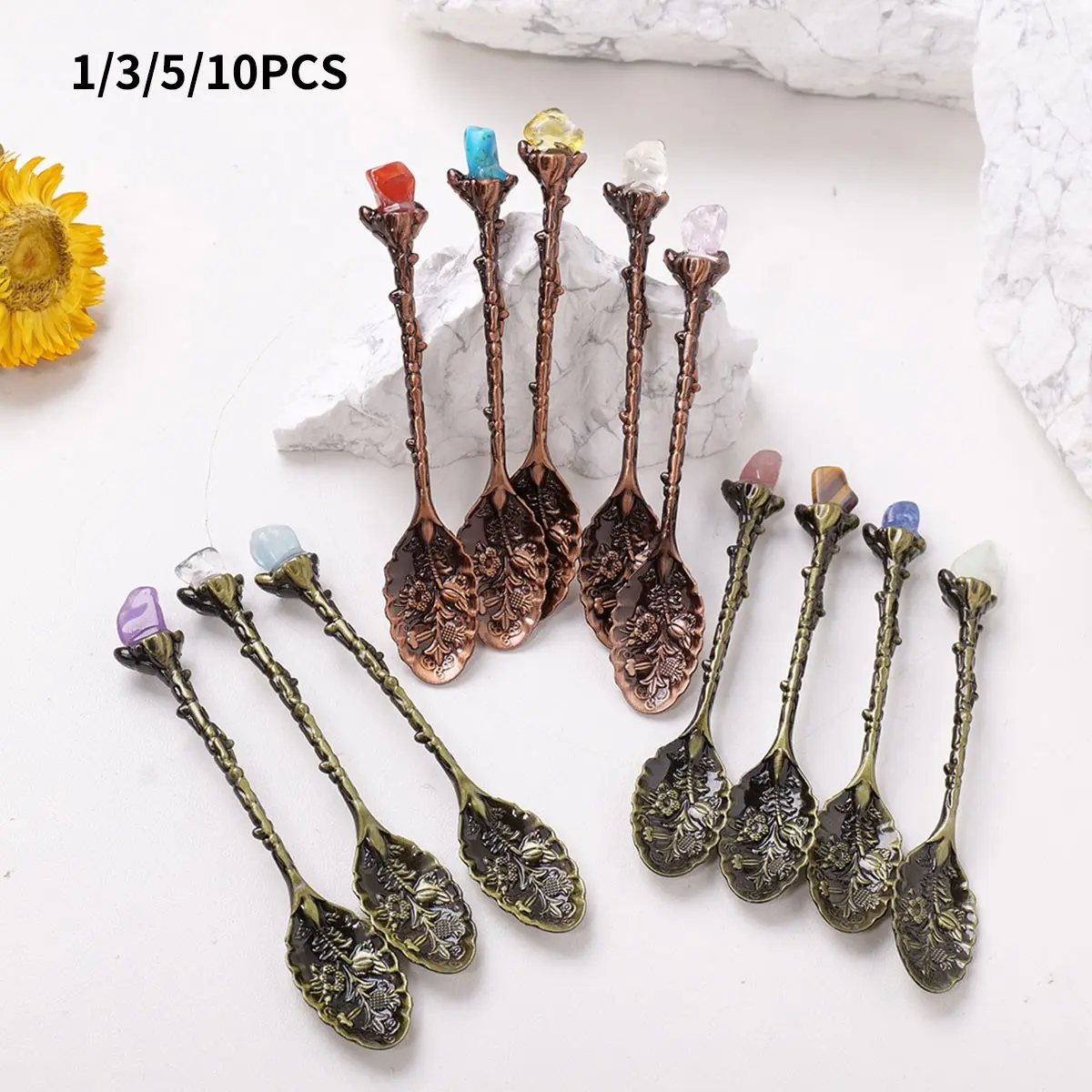 Natural Crystal Raw Gemstone Mini Spoon Set, Spoons Set, Random Colors, Ideal for Healing Crystals, Perfect Gift for Mothers' & Fathers' Days Versatile Use