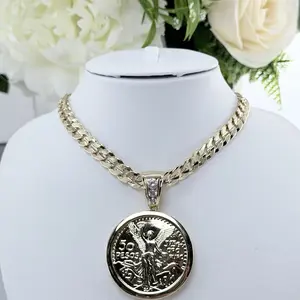 14K Gold Plated 50 Pesos Big Coin Pendant for Men with Chain - Elegant and Durable Design