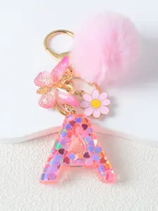 Heart Glitter Letter Keychain, Handmade Double-Layer Resin A-Z Initials, Butterfly/pom-Pom/petal Pendant, Gift for Teacher's Day, Graduation, Valentine's Day