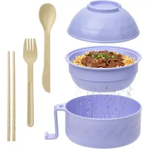 1PCS Ramen Bowl Set with Chopsticks Fork Spoon Microwave Instant Noodle Bowl Set Picnic Student Dormitory Essential - Blue