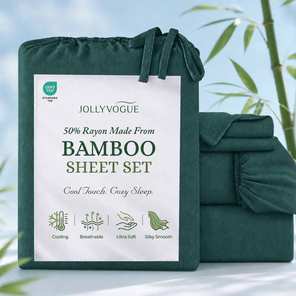 JOLLYVOGUE Bamboo Sheet Set - 4/6 Pc Bedding Set with 16'' Deep Pocket Lightweight, Twill, Smooth Fitted Sheets, Cooling Breathable, Hotel Luxury Super Silky Soft, Wrinkle & Fade Resistant