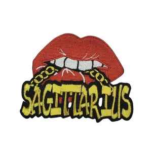 Patch Party Club, 1-pc, Poppin' Red Lip "Sagittarius" w/Gold Metallic Chain, Iron-On Embroidered Patch, Astrology Zodiac Patch, DIY Patch for Jackets & Hats, Size 4"