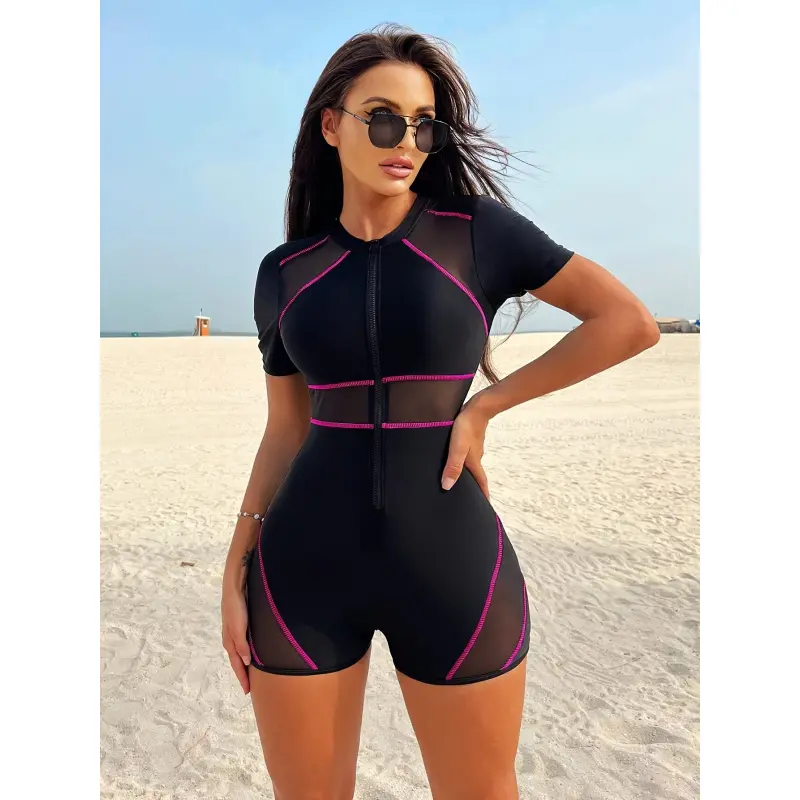 New Sexy See-Through Women'S One-Piece Swimsuit Short Sleeve Boyleg Beachwear