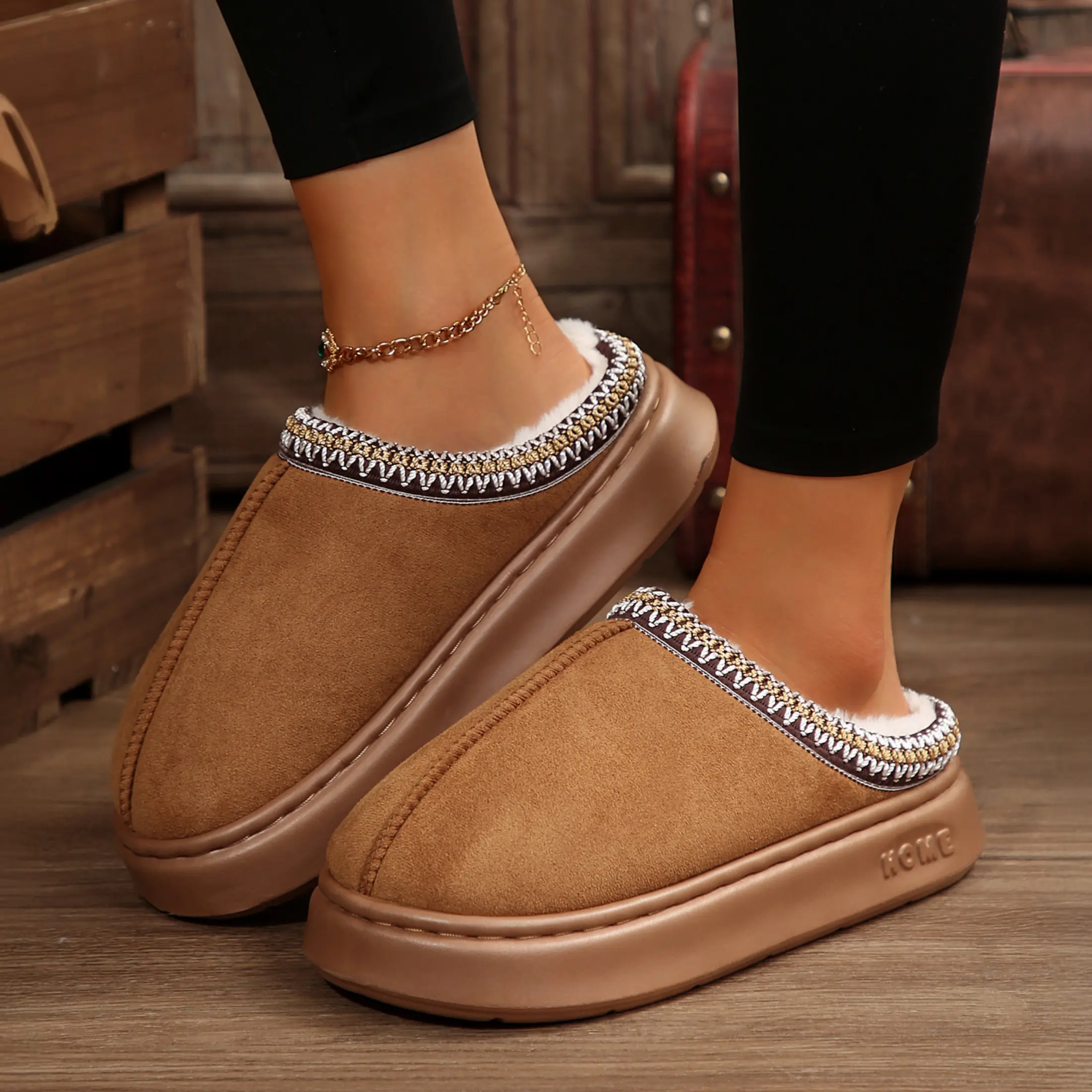 Fashion Mini Winter Boots for Women Cozy Suede Slippers Plush Lining Non-Slip Indoor Outdoor Shoes Home Footwear Camel