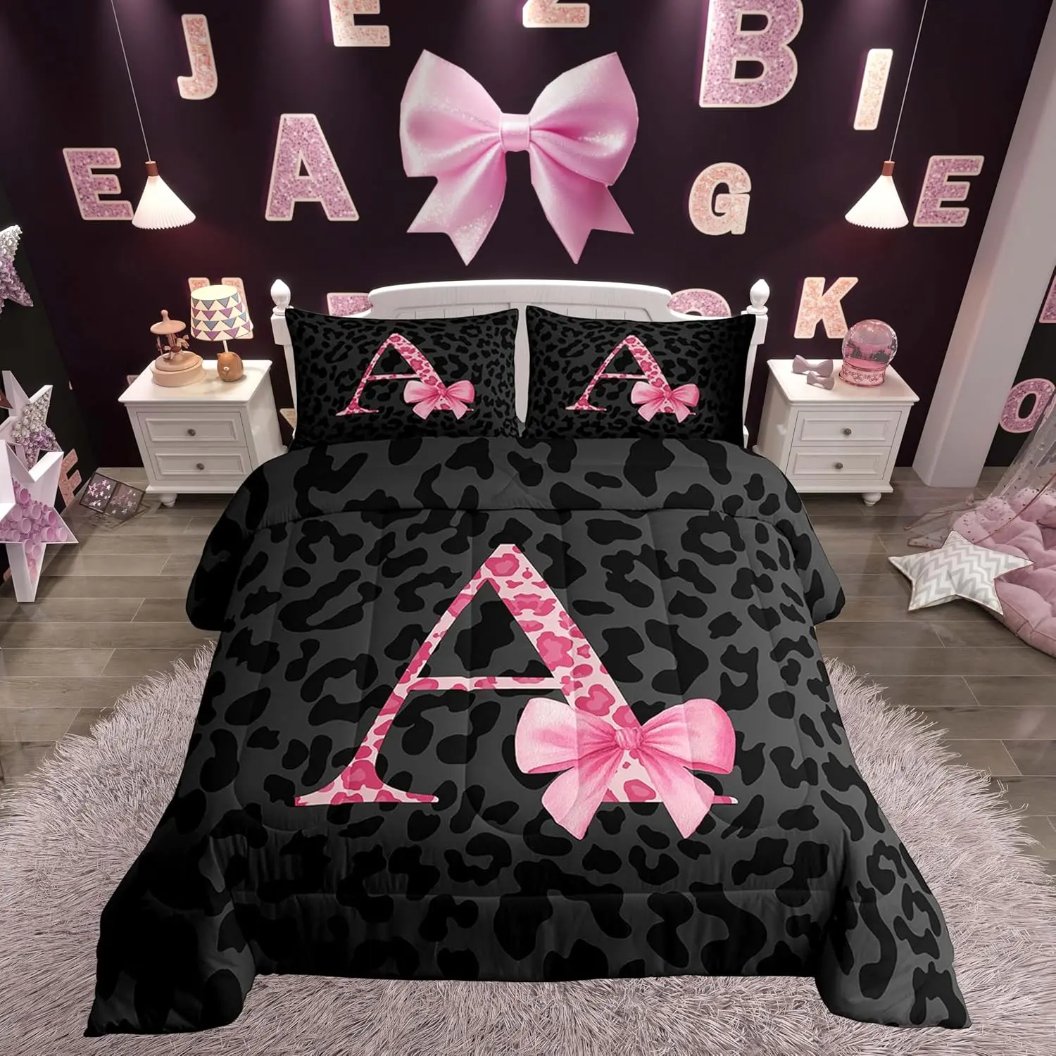 Initial Letter A Kids Comforter Set Leopard Print Bedding Set Pink Bowknot Alphabet Duvet Quilt for Kids Girls Women Bedroom Cheetah Skin Decor Microfiber Ultra Soft Breathable
