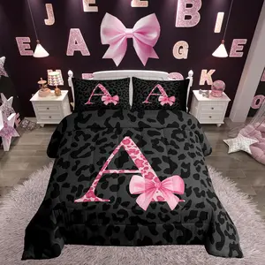 Initial Letter A Kids Comforter Set Leopard Print Bedding Set Pink Bowknot Alphabet Duvet Quilt for Kids Girls Women Bedroom Cheetah Skin Decor Microfiber Ultra Soft Breathable