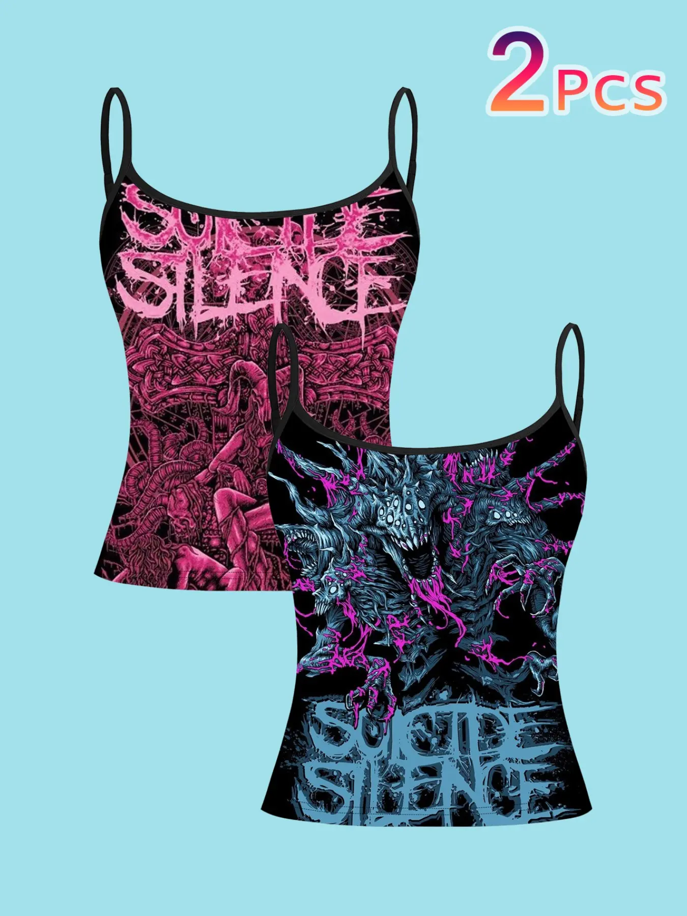 Women's Casual Slim-Fit Strap Top, All-Over Print Design, Summer Outerwear & Inner Layering, Dark Death Metal Style, 2-Piece Set, Boho Fashion Casual, Bohemian Sleeveless, Boho Slight Stretch Sleeveless Top