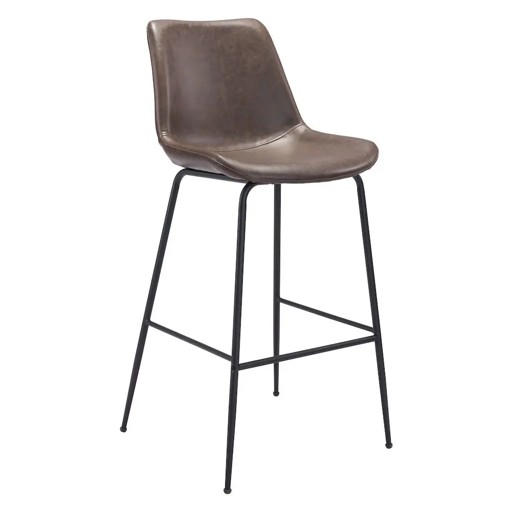 Bar Stool, Brown Faux Leather, Steel Legs, Ergonomic Footrest