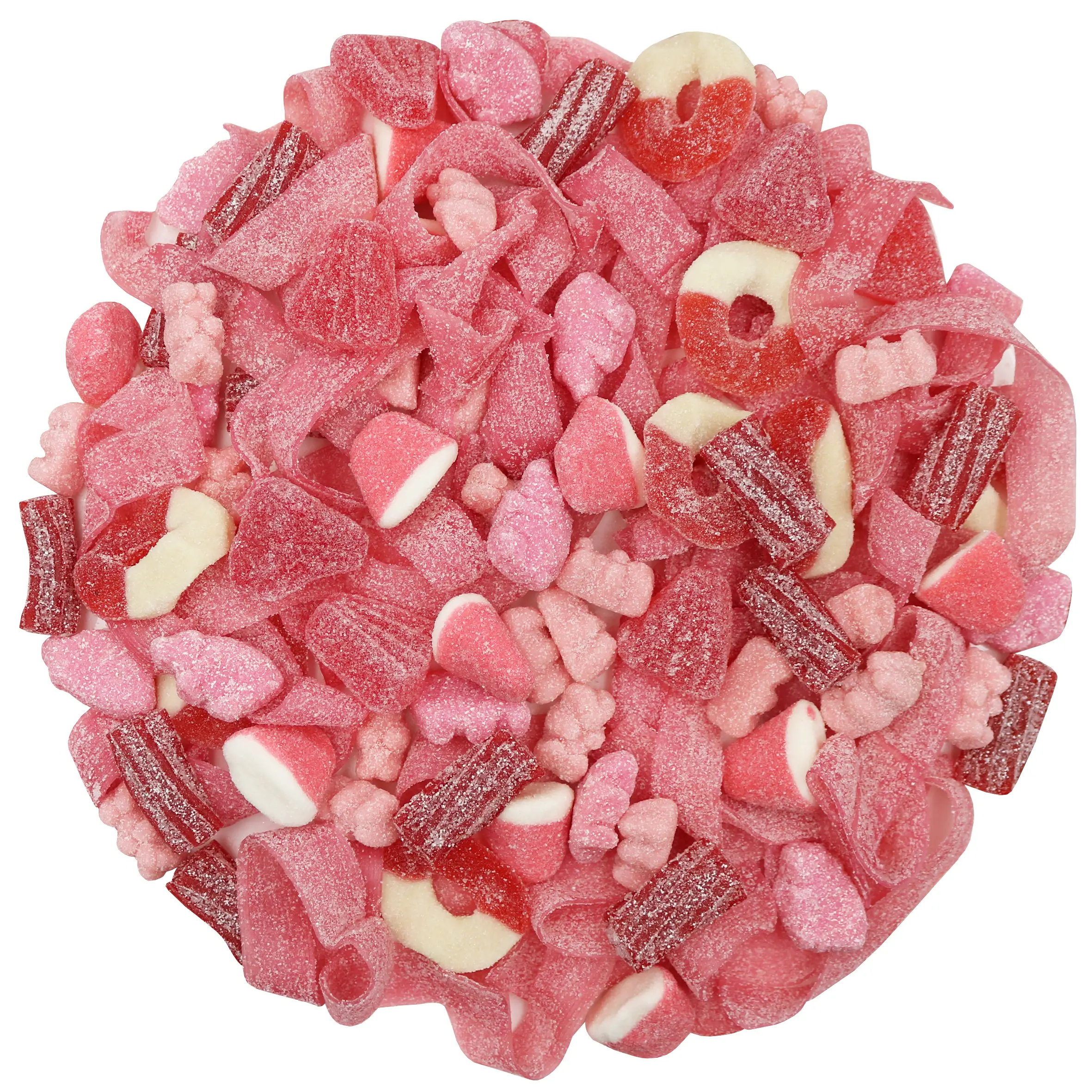 PINK MIX SOUR GUMMIES 2LB BAG .Gummy Bears, Gummy Belts, Gummy Rings, Twists, Bottles, Sharks, Gummy Drops, Twists, Slices, Laces, Piglets Candy Snac