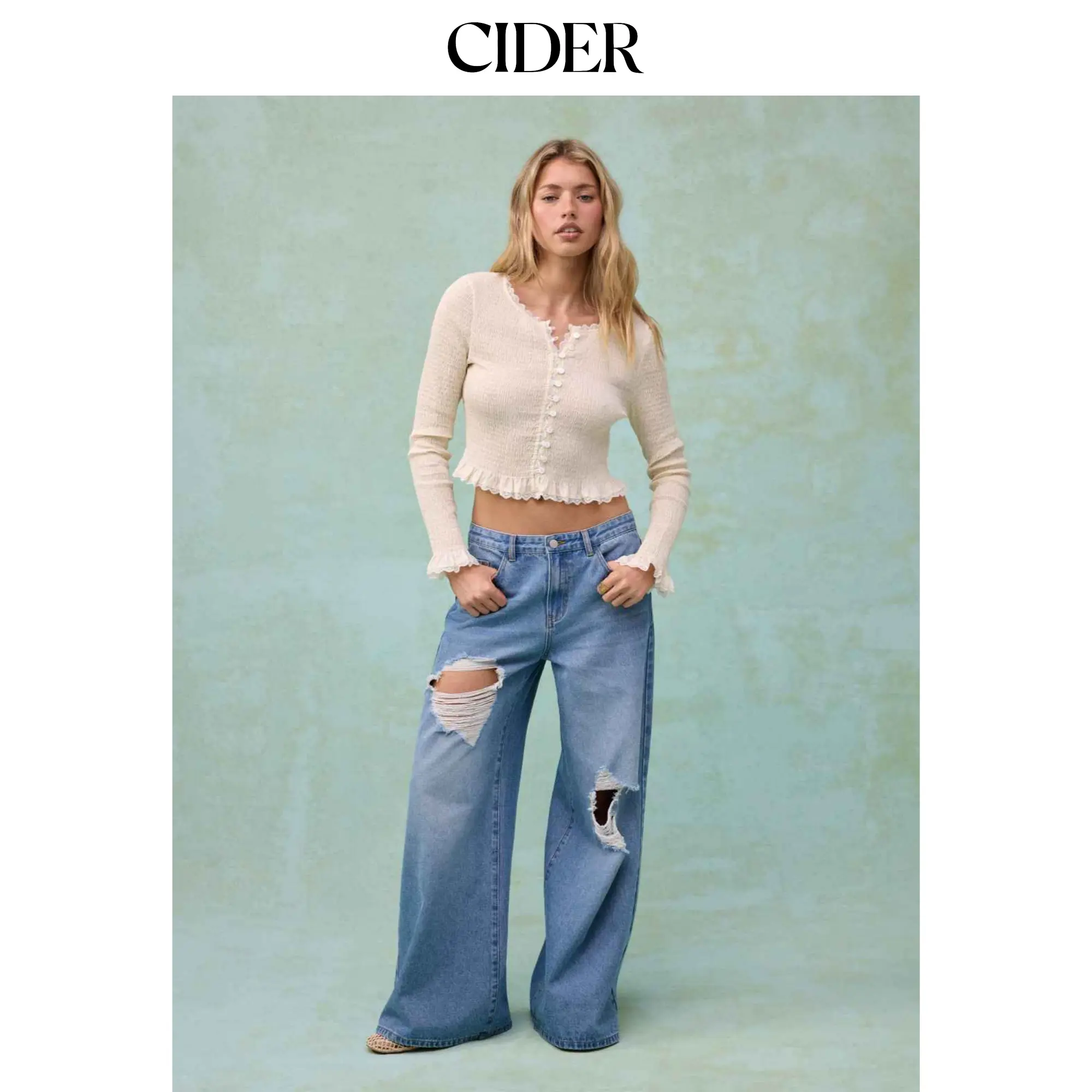 Cider Low Rise Light Wash Jeans, Women's Wide Leg Ripped Denim Pants with Hip Cutout Details