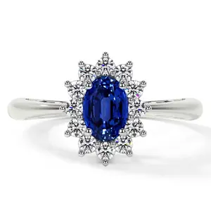 Four Prong Princess Diana Inspired Oval Untreated Blue Sapphire Halo Ring (1.27cttw)- RBS005-7X5-AAAAA