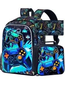 3PCS Gamer Backpack Set for Boys, Cool Video Game Controller School Backpack with Lunch Bag & Pencil Case, Gaming Themed Bookbag for Elementary