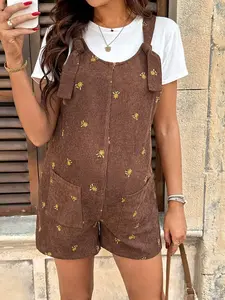 ADORIA Brown Patterned Bump Friendly Short Dungarees Casual Mother To Be Bodysuit Y2K Fashion