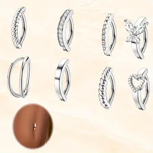 8Pcs Belly Button Ring Surgical Steel 14G Clicker Belly Rings for Women CZ Heart Butterfly Belly Button Piercing Simple Reverse Navel Barbell Rings Body Piercing Jewelry