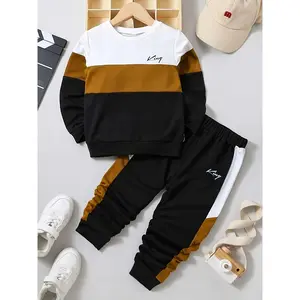 (New)Youngsters's 1-8 Years Old Autumn and Winter Three-color Spliced Long Sleeve Sweater and Pants Set, Perfect for Outdoor