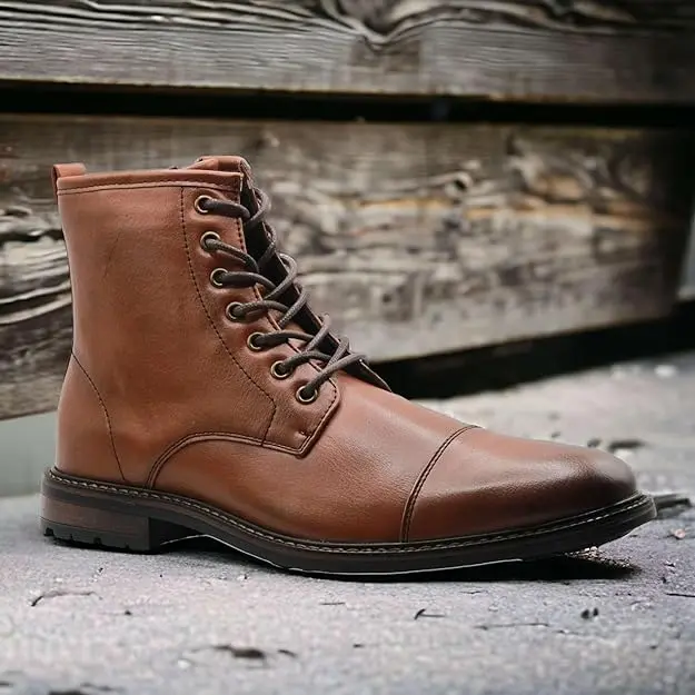 Jazamé Men's Carson Distressed Cap Toe Tall Motorcycle Military Combat Dress Boots