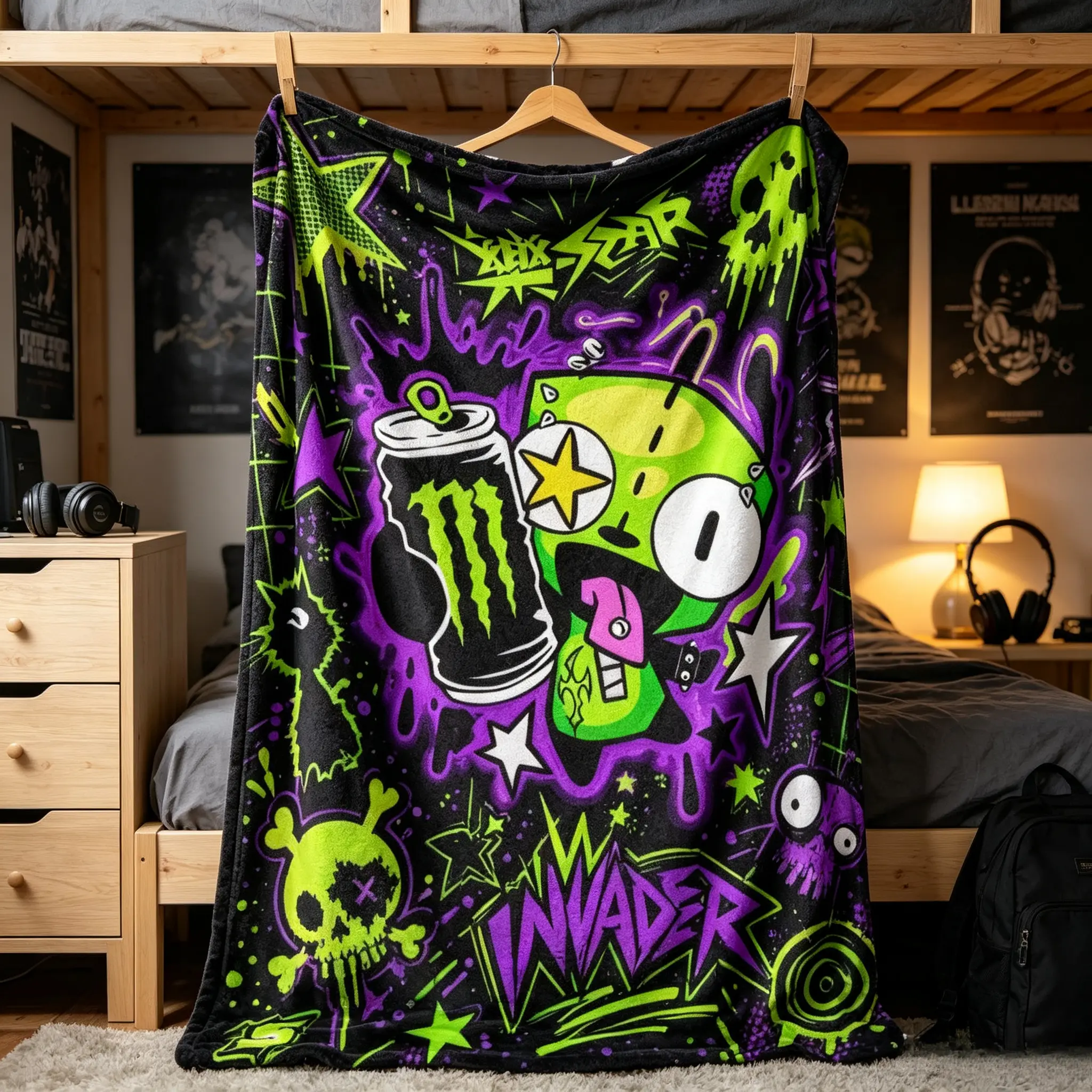 Invader Alien Graffiti Art Flannel Fleece Blanket, Neon Green & Purple Star Skull Spray Paint Pattern, Soft Cozy Lightweight Throw for Room Decor, Sofa, Festival Gifting