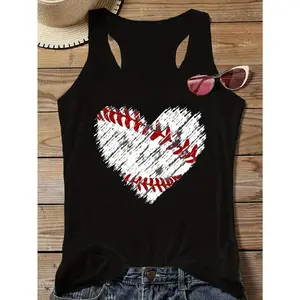Women'S Casual Sleeveless Tank Top with Baseball Heart Print - Lightweight Polyester, Breathable Fabric, Round Neck, Perfect for Spring/Summer, Summer Casual Wear| Baseball Theme Top| Lightweight Top
