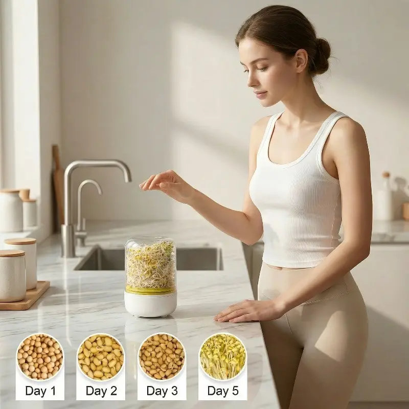 Soilless Water Culture Bean Sprout Growing Pot Kit - 10.5*10.5*16 cm Food-Grade Indoor Germination Tray with Drainage System for Organic Mung Peas Soybeans, Kids Home Vegetable Planting Supplies for Grow Fresh Crunchy Bean Sprouts