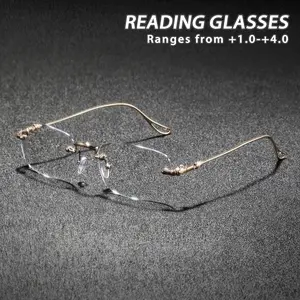Men's Metal Square Frameless Reading Glasses, Vintage Elegant Lightweight Fashion Eyewear, Stylish Anti-Fog Readers, Rimless Eyeglasses