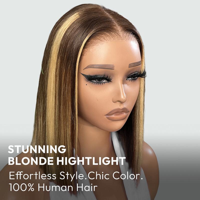 [FREE UPGRADE] West Kiss Highlight Glueless Human Hair Wigs Short Straight 7x4 Lace Closure Bob Wig Pre Cut Pre Plucked Human Hair Wigs