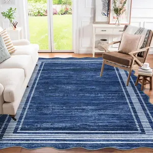 Washable Rugs， Area Rugs for Living Room Bedroom, Low Pile Ultra Soft Solid Neutral Carpet, Non Slip & Non Shedding Modern Scalloped Print Floor Mats for Home Decor